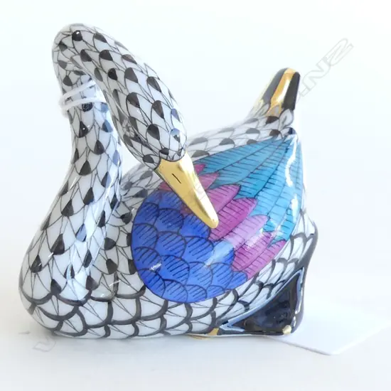 A Herend Porcelain Japanese goose,  in black 'fishnet' pattern